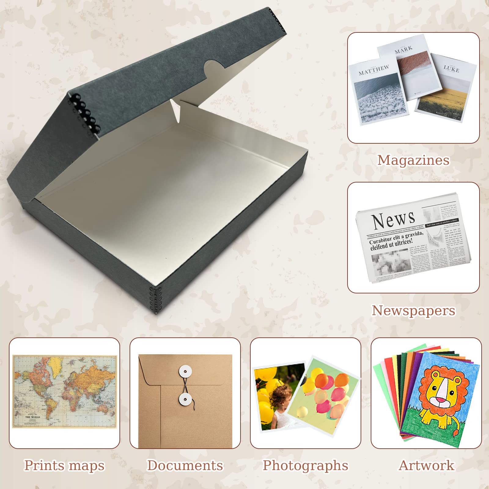 Archival Folio Storage Box Clamshell Design with Metal Edge Photos Documents