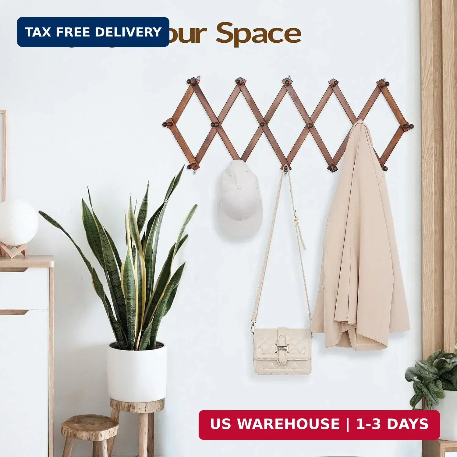 Hat Rack for Wall, Expandable Wall Hat Holder with 16 Hooks, 16 inch Wooden Wall