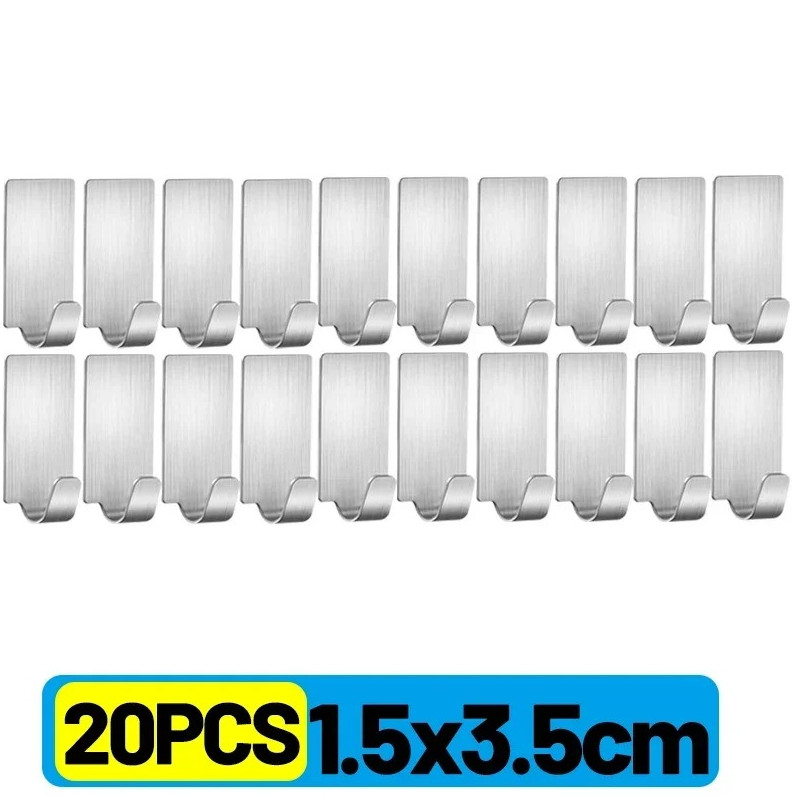 20Pcs Self-Adhesive Stainless Steel Wall Hooks Bathroom Kitchen Organizer