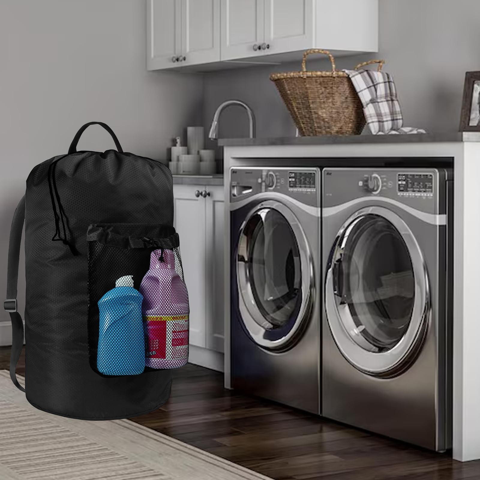 Laundry Bag with Shoulder Straps and Mesh 13″ x x 27″ inches, Black