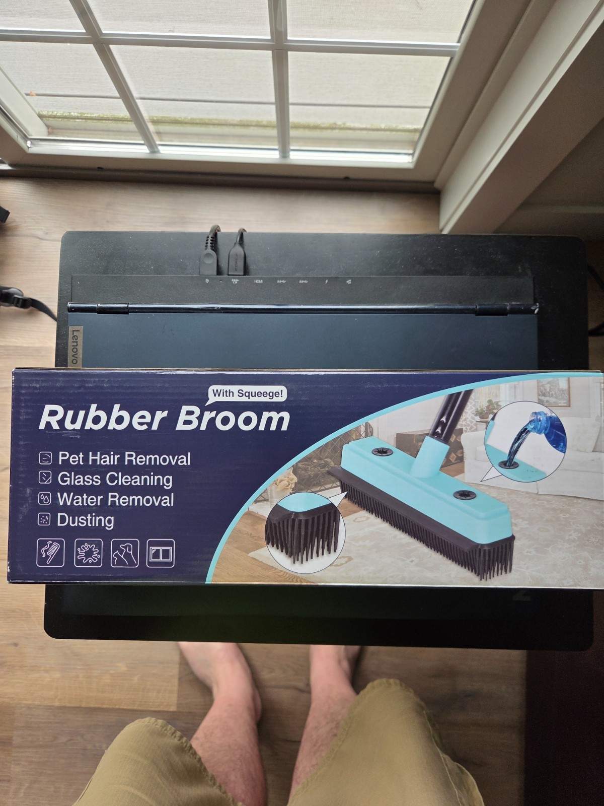 Pet Hair Removal Rubber Broom, Carpet rake with Squeegee for Cleaning Pet
