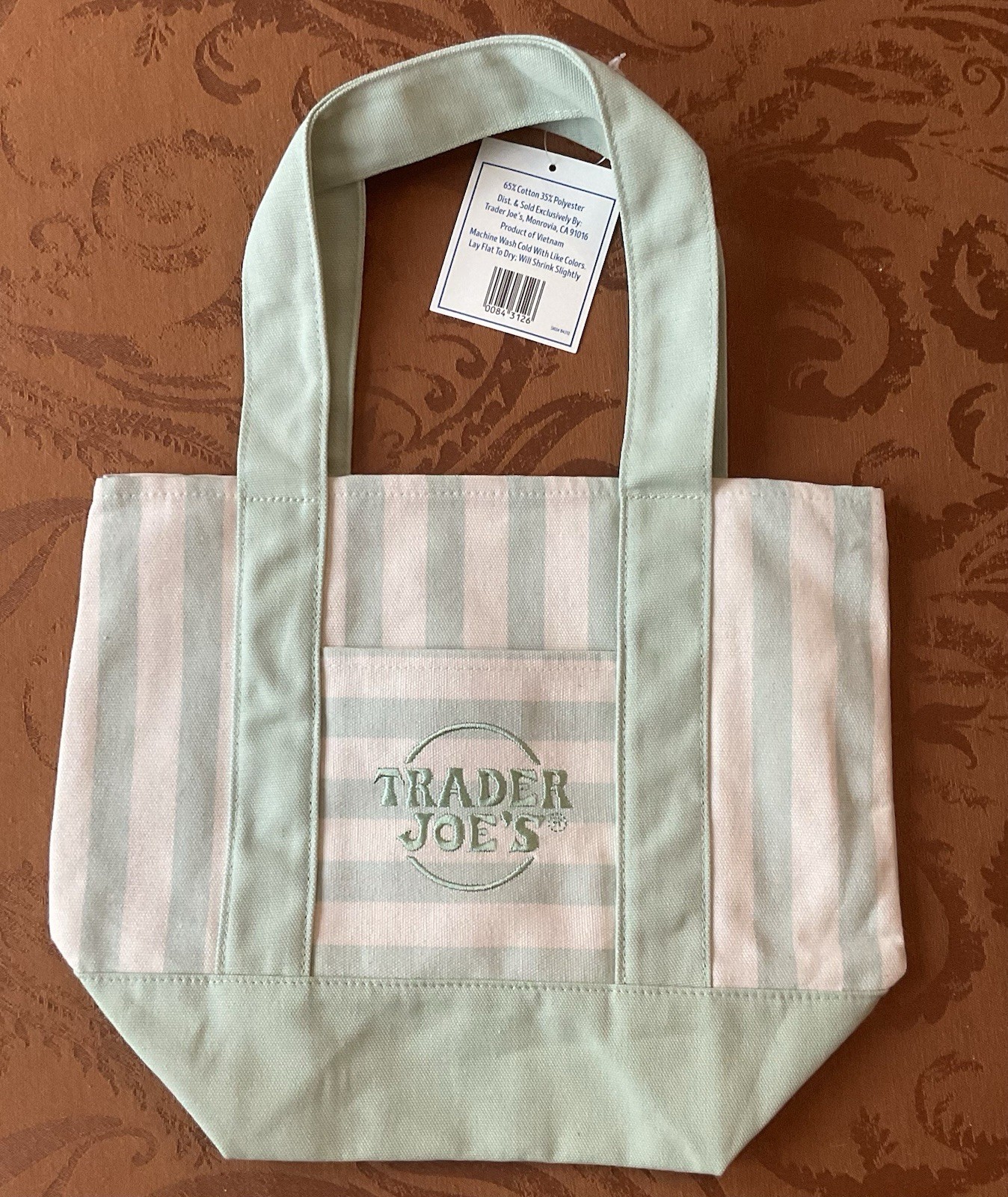 Trader Joe’s New 2026 Summer Striped Mini Canvas Tote Bag – Mint Green Pastel