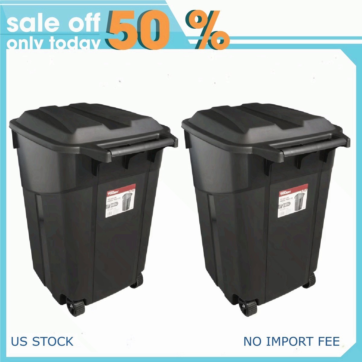 (2 pack) Hyper Tough 45 Gallon Wheeled Heavy Duty Plastic Garbage Can, Black