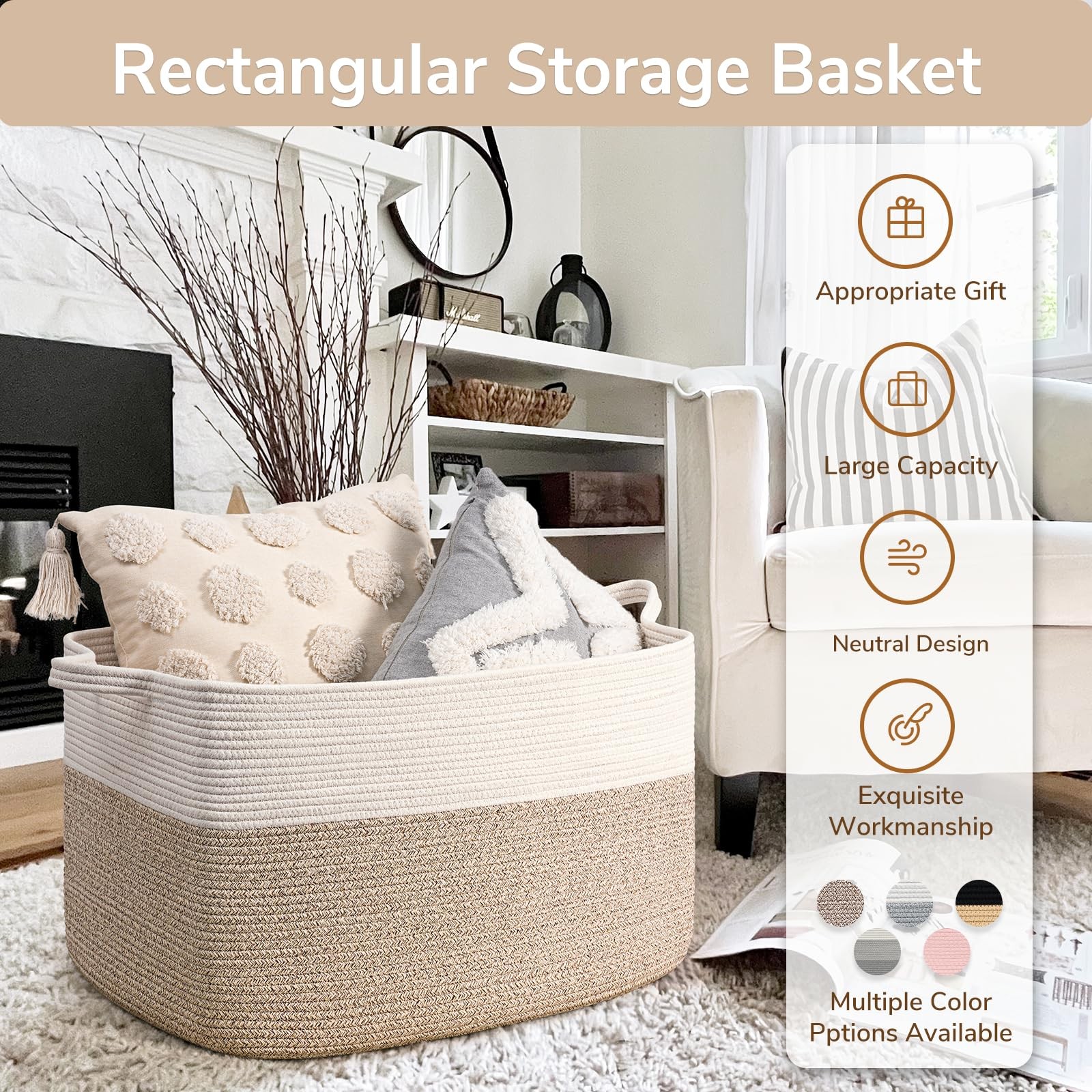 Extra Large Woven Blanket Basket, 23.6″ x 15.7″ x 13.8″ Storage Organizer for…