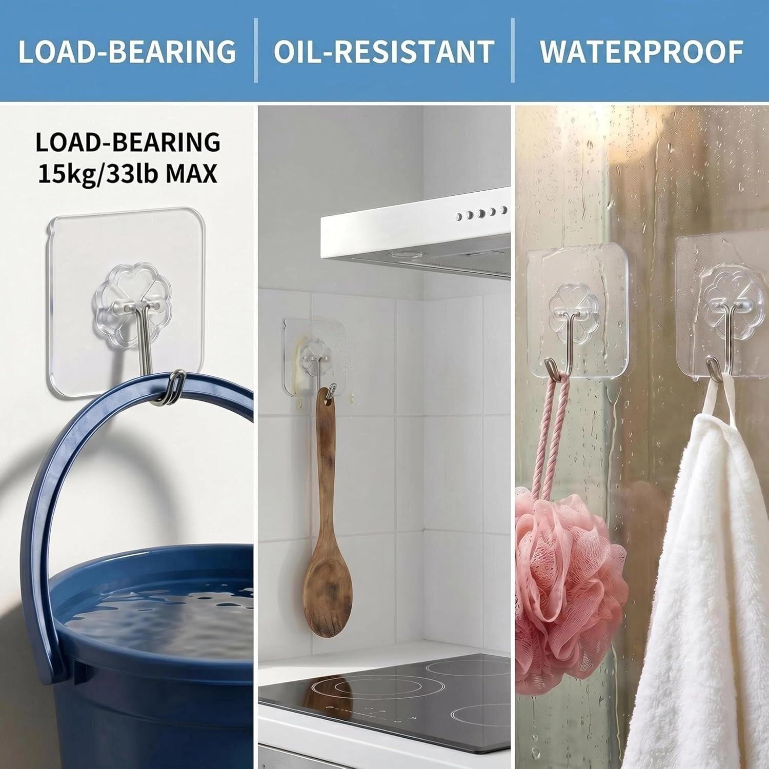 Wall Hooks 33 Lbs Max Heavy Duty Hooks for Hanging | 10 Pack Transparent Seamles