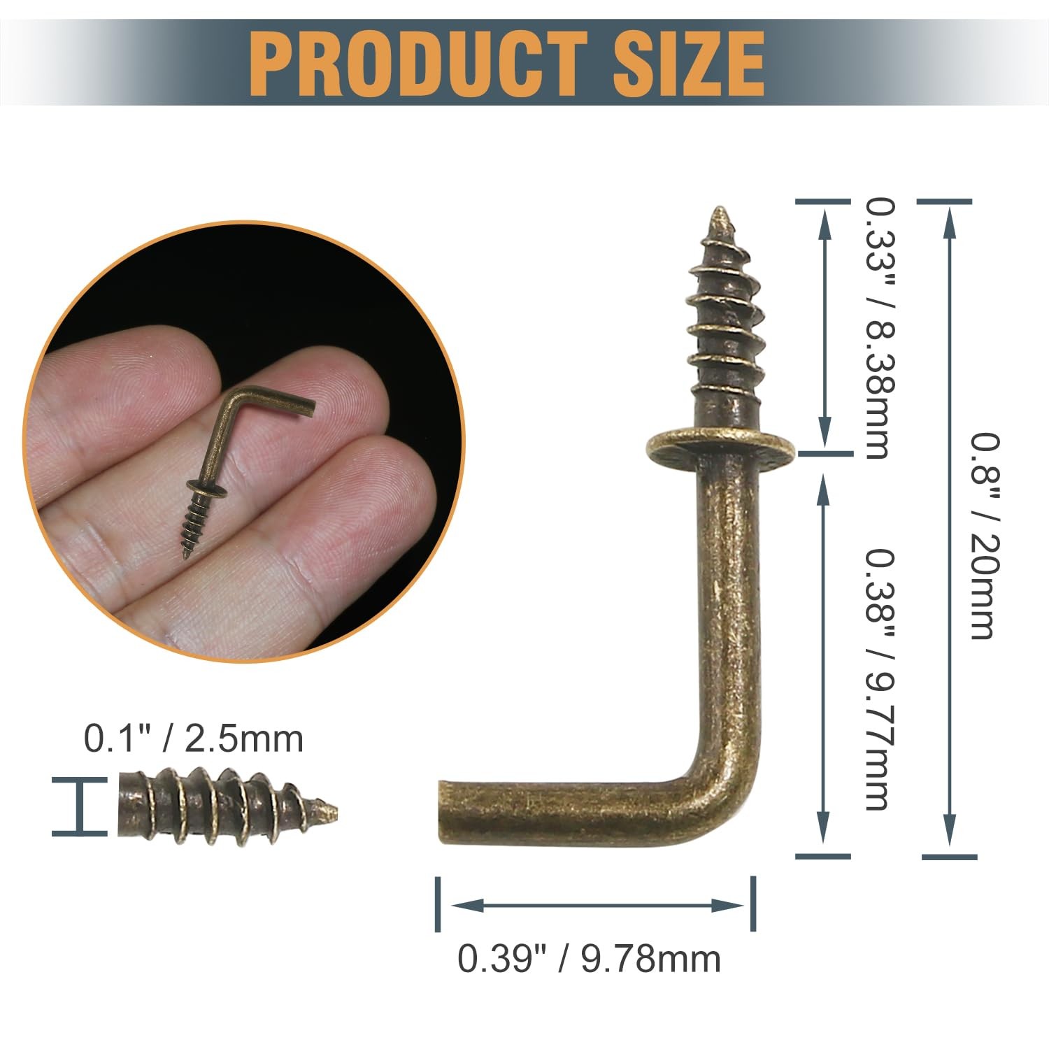100 PCS 1/2 Inch Bronze L Shape Right Angle Screw Hooks Hanging Hardware Fits