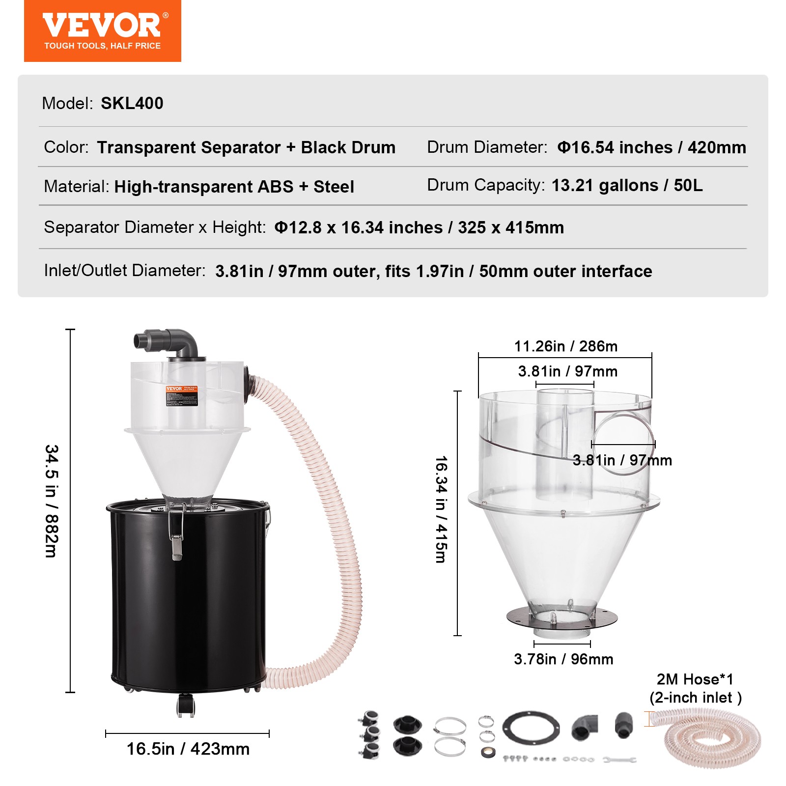 VEVOR Cyclone Dust Separator w/ Tank Vacuum Cleaner Separator 4″ for 13 Gal Tank