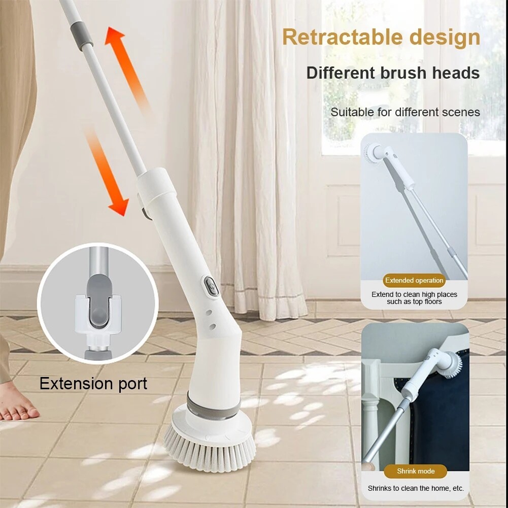 Electric Spin Scrubber Cordless Bathroom Scrubber with 6 Heads Telescopic Handle