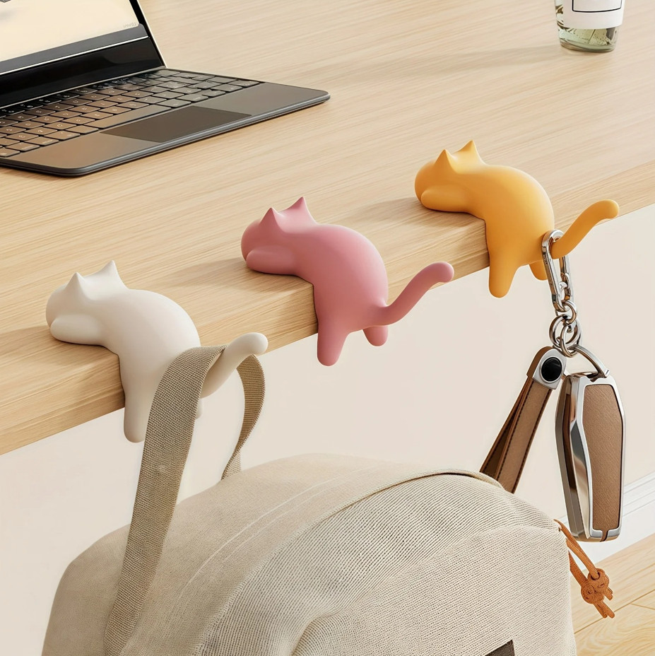 1/4PCS Cute Cat Desktop Hook – No-Drill Multi-Use Holder for Keys & Bags