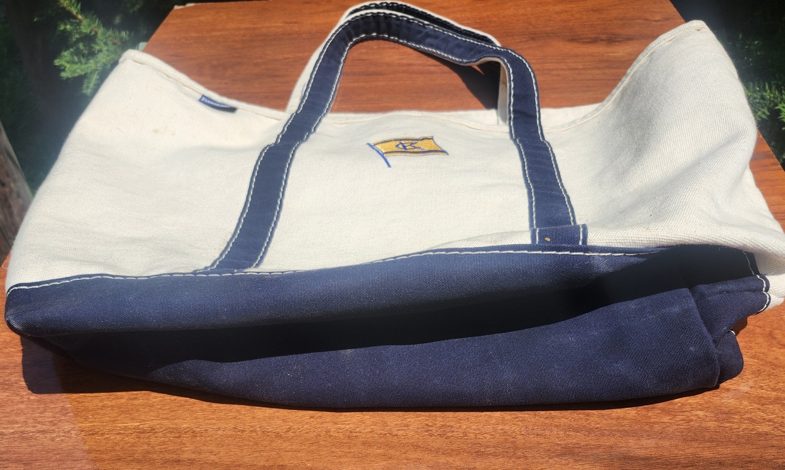 Vintage Lands’ End Canvas Tote Bag Heavy Duty White/Blue USA Nice