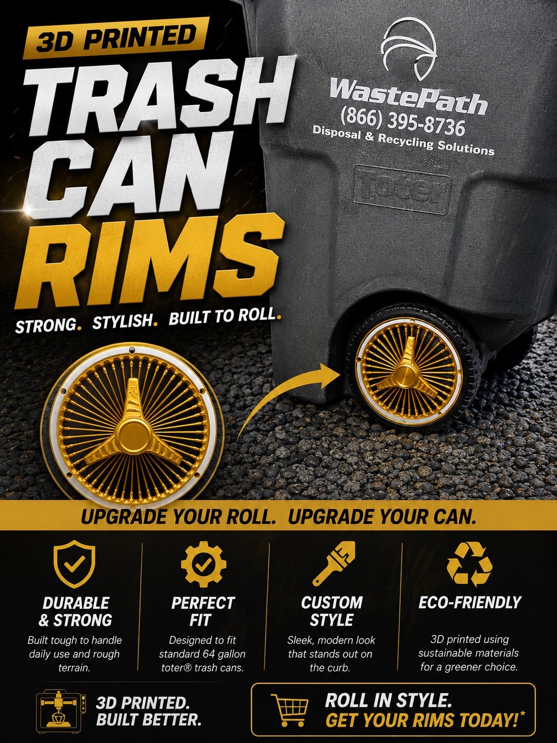 Trash Can Wheel Rim Covers Gold Spoke Whitewall – 3D Printed