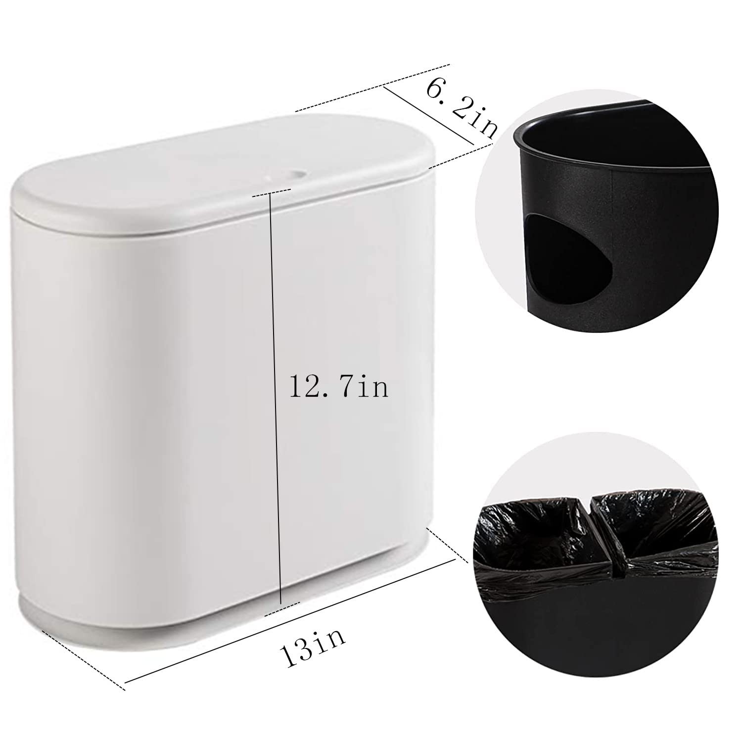 12L 2.7 Gallon Slim Plastic Bathroom Trash Can Press Lid Dog Proof White