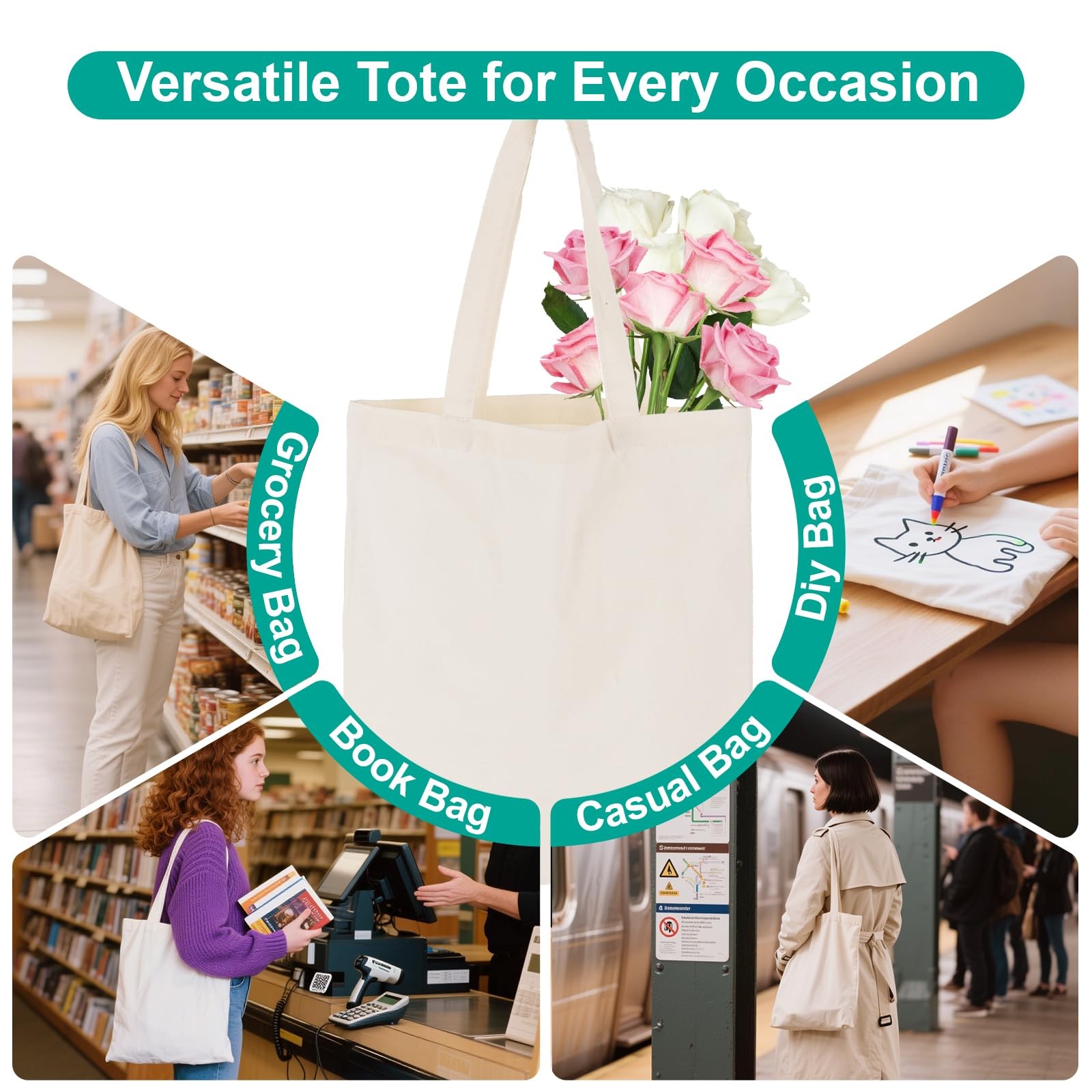 Reusable Canvas Tote Bags Lightweight Blank Grocery Bag for Shopping, Travel