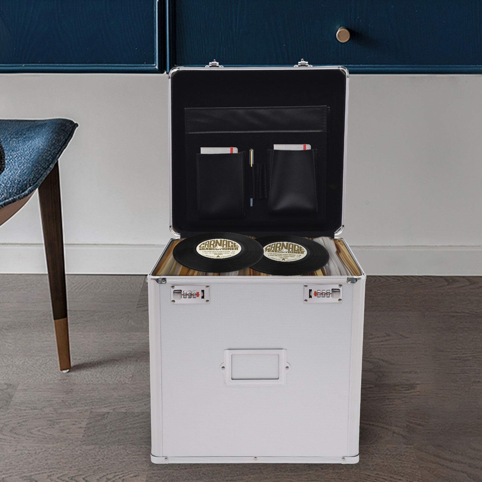 Tabletop Record Vinyl Carry Case Storage Box Locking with 50 Vinyl Record Silver