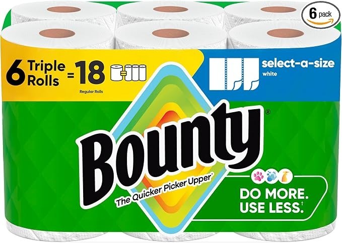 Bounty Paper Towels Select-A-Size White, 6 Triple Rolls, 123 Sheets Per Roll