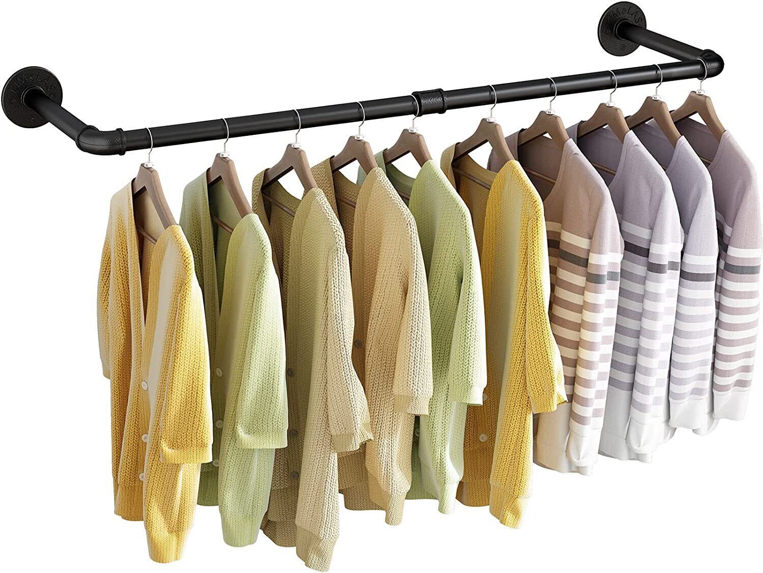2X Wall Mounted Clothes Rack Industrial Pipe Clothes Hanging Bar Space Saving