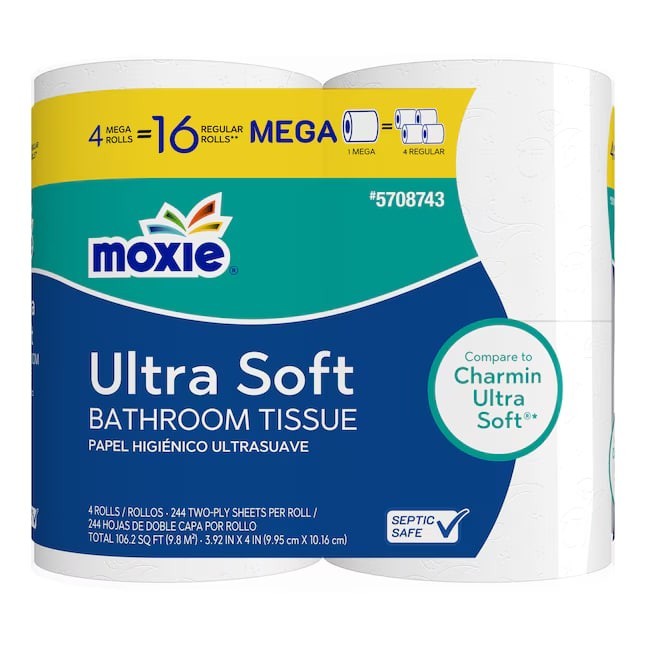 Moxie 2-Ply Toilet Paper – 4 Mega Rolls (244 Sheets Per Roll)