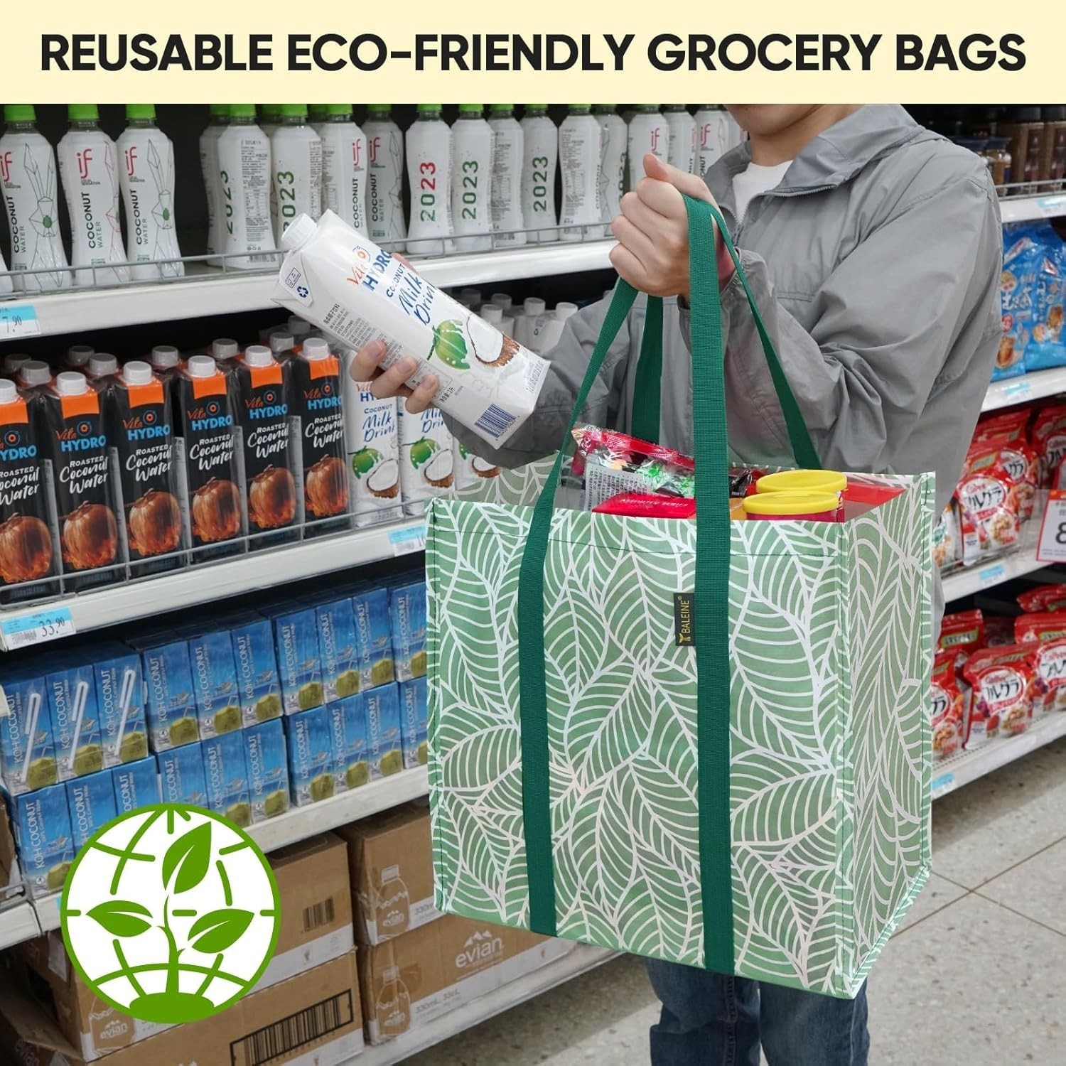 4 PK Grocery Bags Reusable Shopping Bags with Reinforced Bottom, Heavy Duty F…