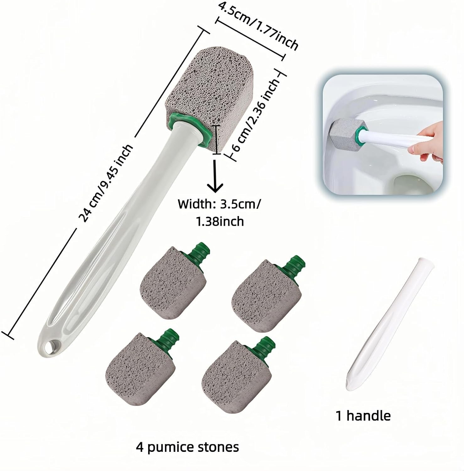 Pumice Toilet Brush Scrubber with 9.5” Handle – 1 Scrubber + 4 Pumice Stones –