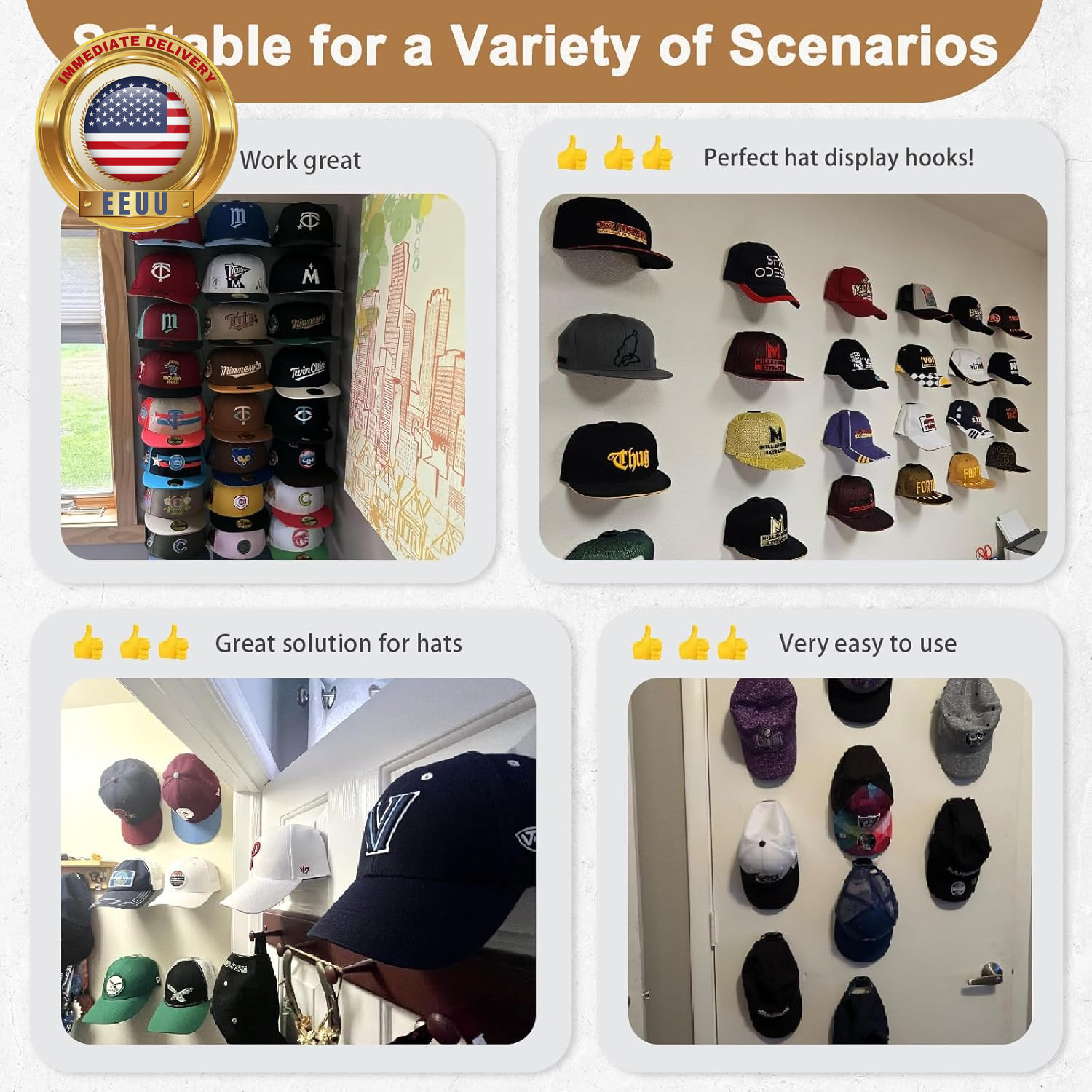 22 Pack Adhesive Hat Hooks for Wall, Super Strong Hat Rack for Baseball Caps, Ha