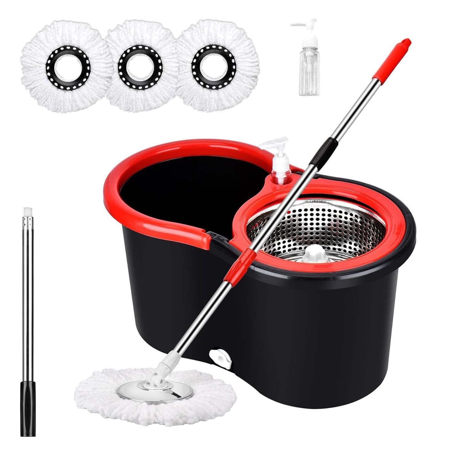 360° Spin Mop & Bucket Set with Microfiber Heads, Stainless Steel Wringer