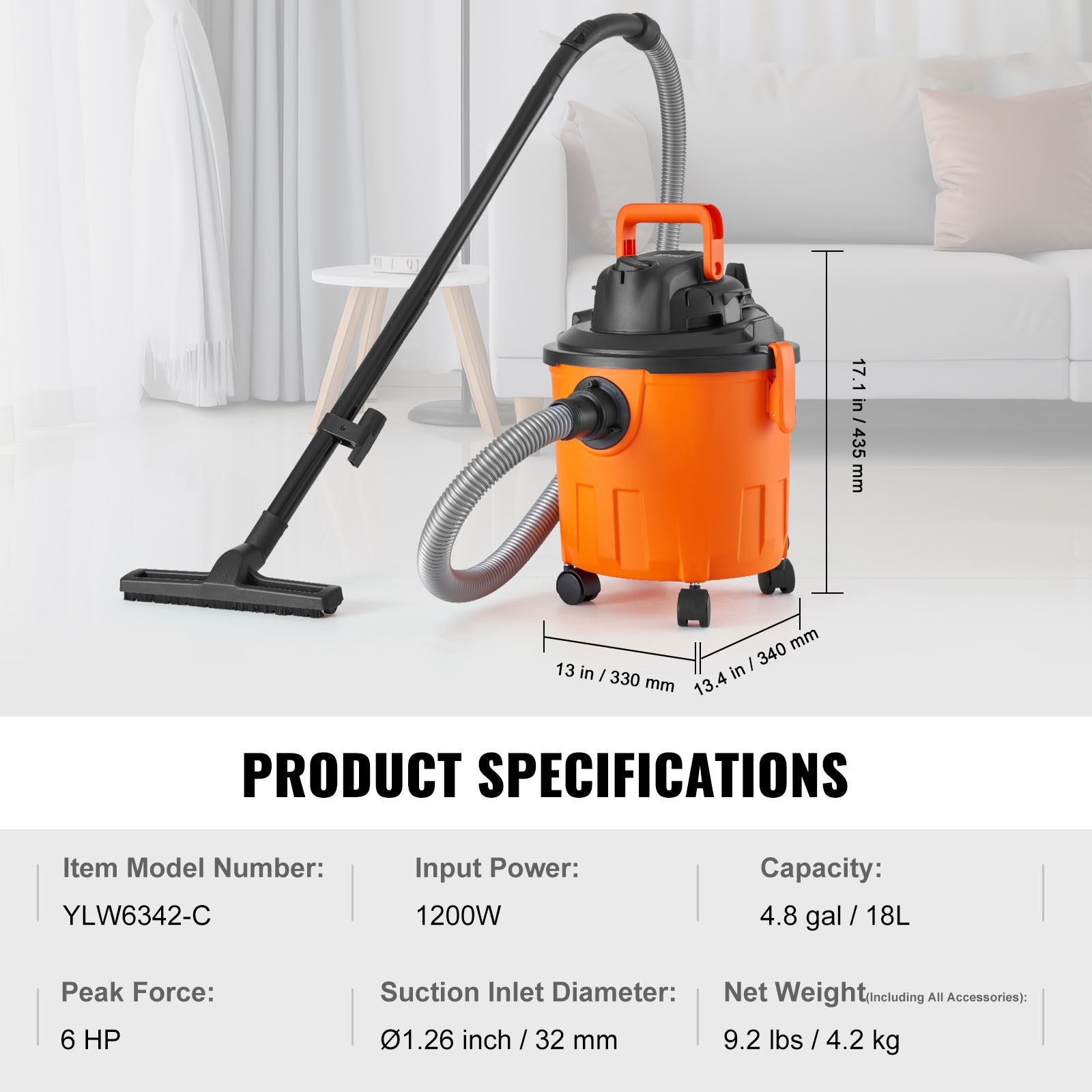 VEVOR Wet Dry Shop Vac Vacuum 5 Gallon 6 Peak HP Cleaner Portable Hose Blower