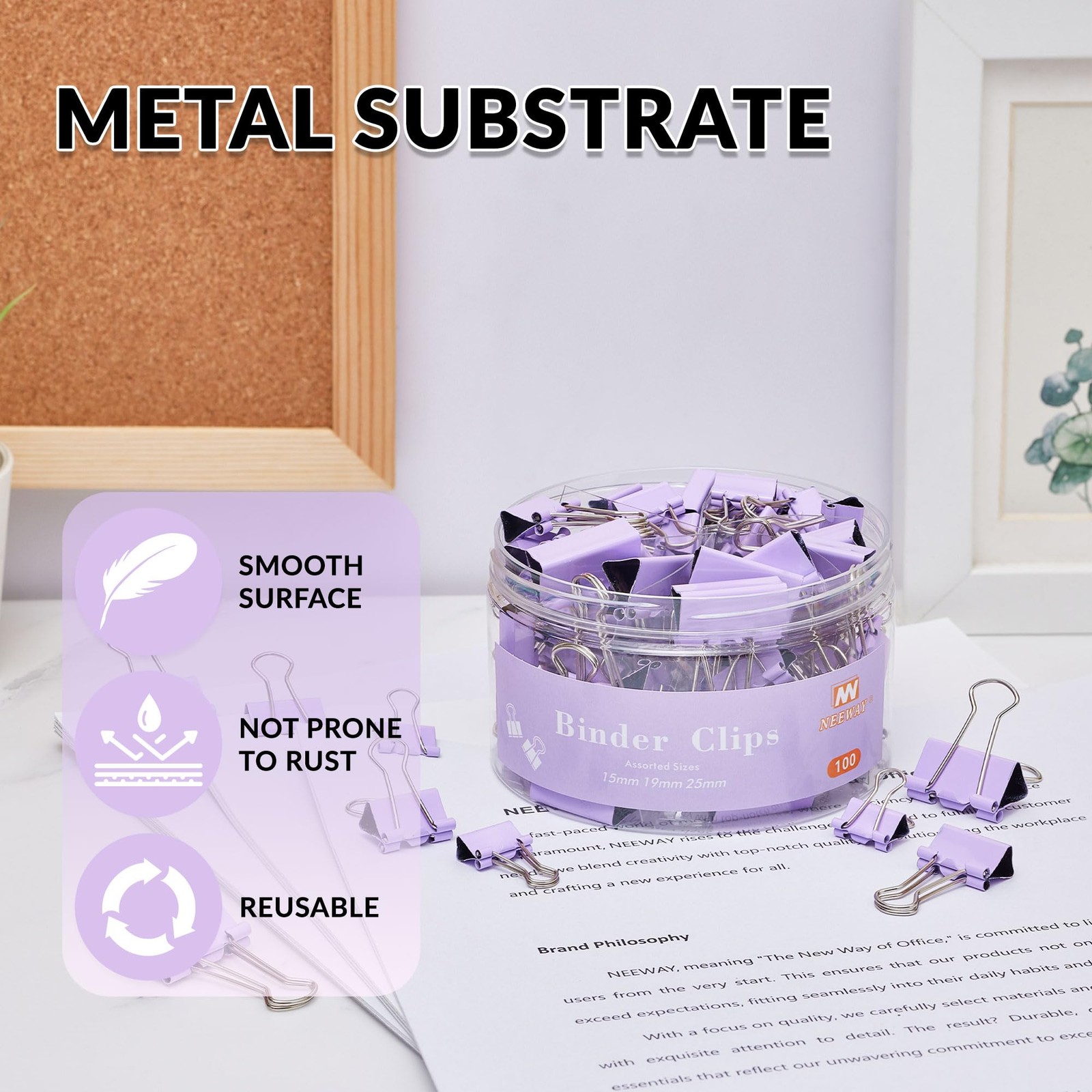 NEEWAY 100 Count Binder Clips Assorted 0.6inch, 0.75inch, 1inch, Purple
