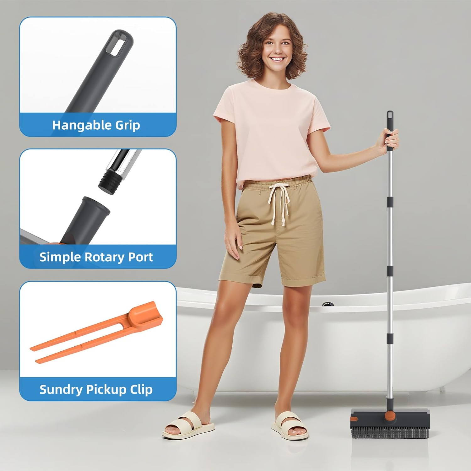 Floor Scrub Brush with Long Handle, 3 in 1 Scrape and Heavy-Duty Stiff Bristle F