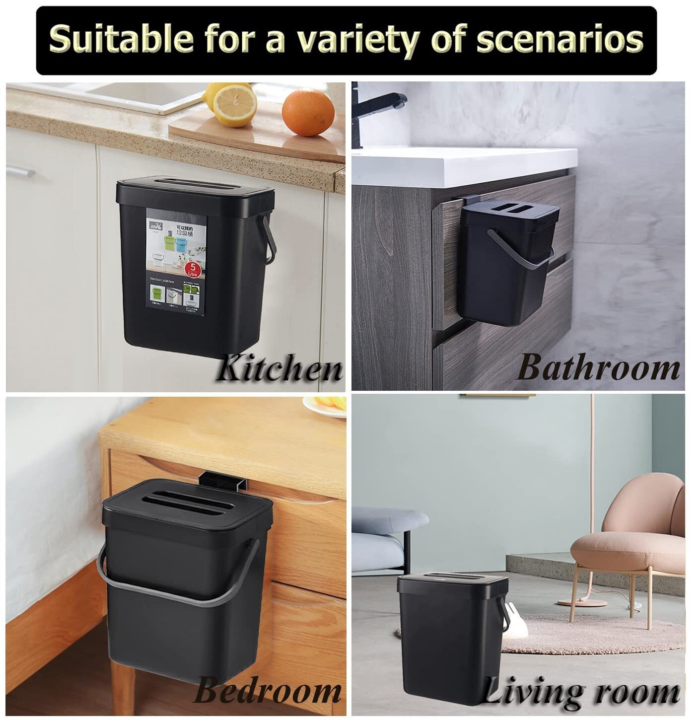 Small Trash Can with Lid 5L/1.3 Gallon Black Kitchen Hanging Mountable