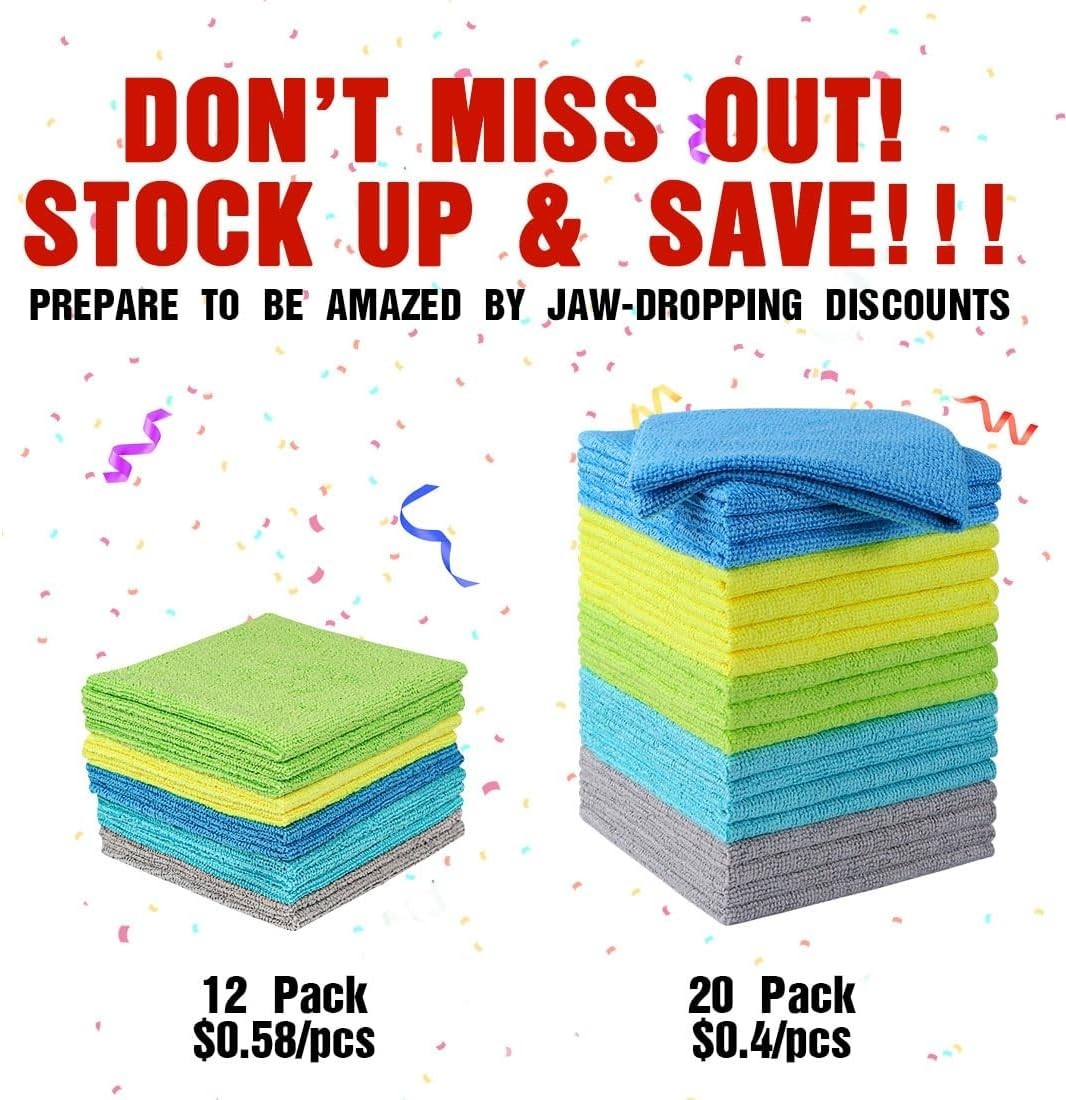 Versatile 20 Pack Microfiber Cleaning Rags – Lint-Free and Quick-Dry, 11.5×11.5