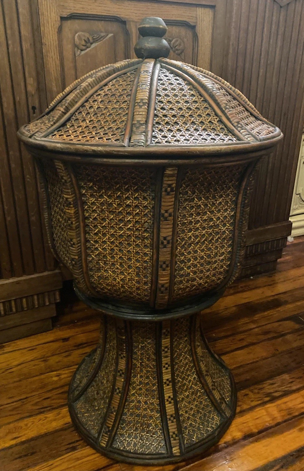Chinese Tinalik Basket Storage Container Intricate Woven Rattan 31″ T 17″ D