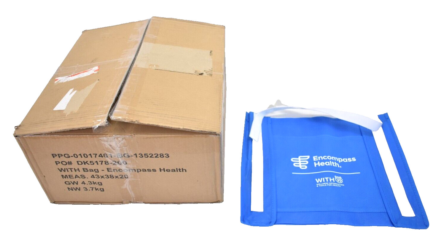 Lot of 60 Carry Tote Bags w Outer Pocket BRANDED Blue/White Hook & Loop Handles