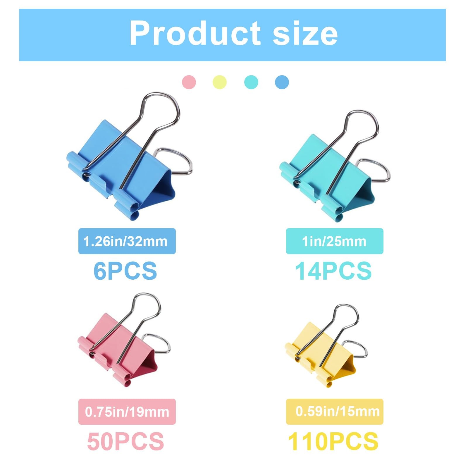 180 Pcs Binder Clips Assorted 4 sizes, 0.59in, 0.75in, 1 in, 1.26 Colored