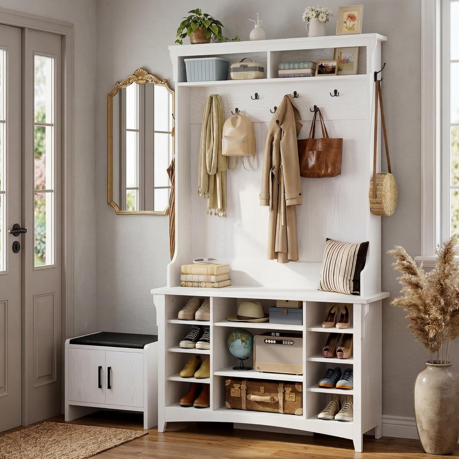 Hall Tree with Bench and Shoe Storage, 6-In-1 Entryway Bench with Coat Rack, Adj