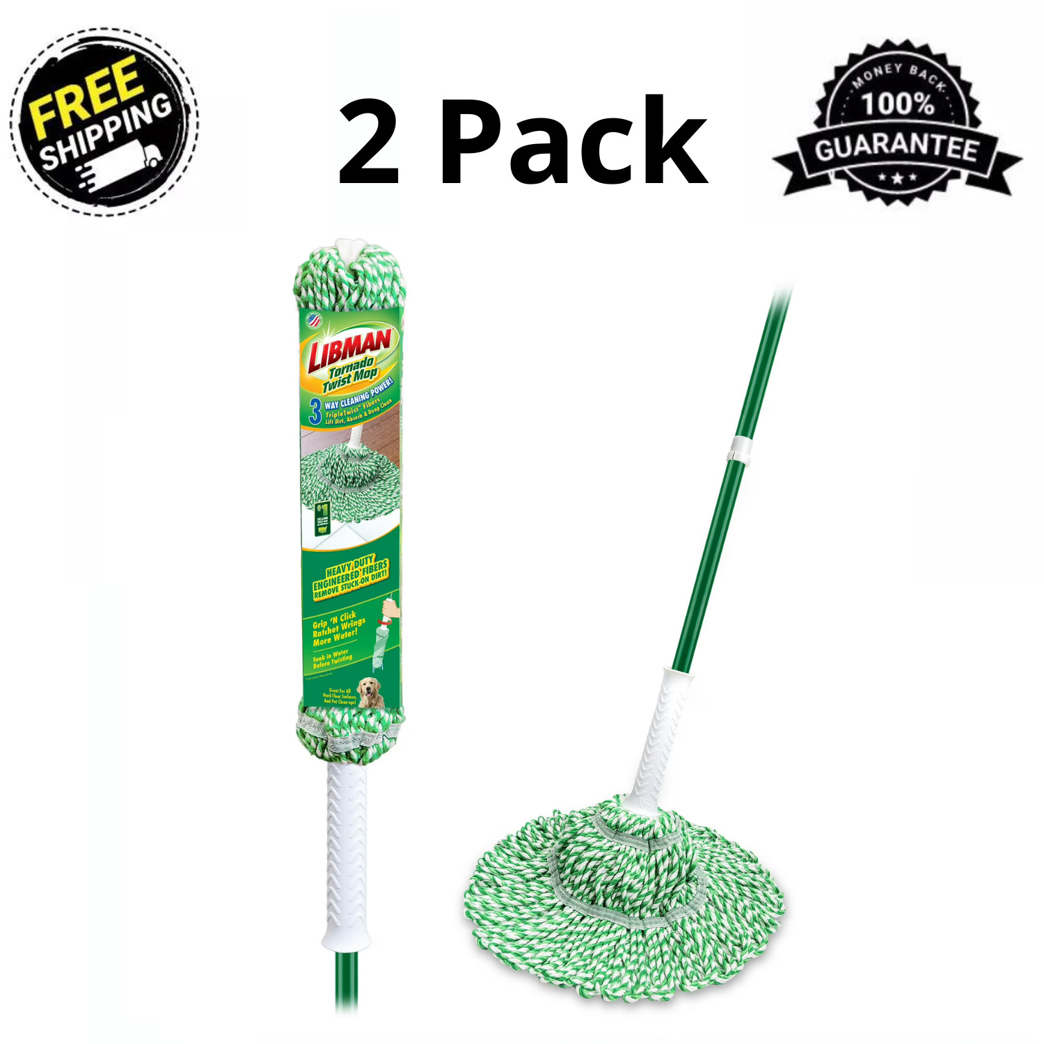 (2 Pack) Libman Tornado Twist Mop Cotton Blend Head Steel Handle Green & White
