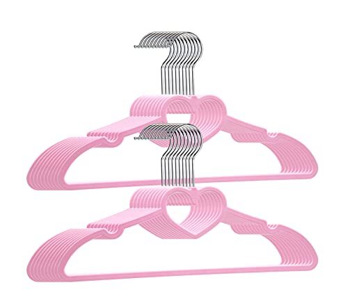20 Pack Plastic Pink Durable Adult Hangers, Ultra Thin Space Saving Heart Shaped