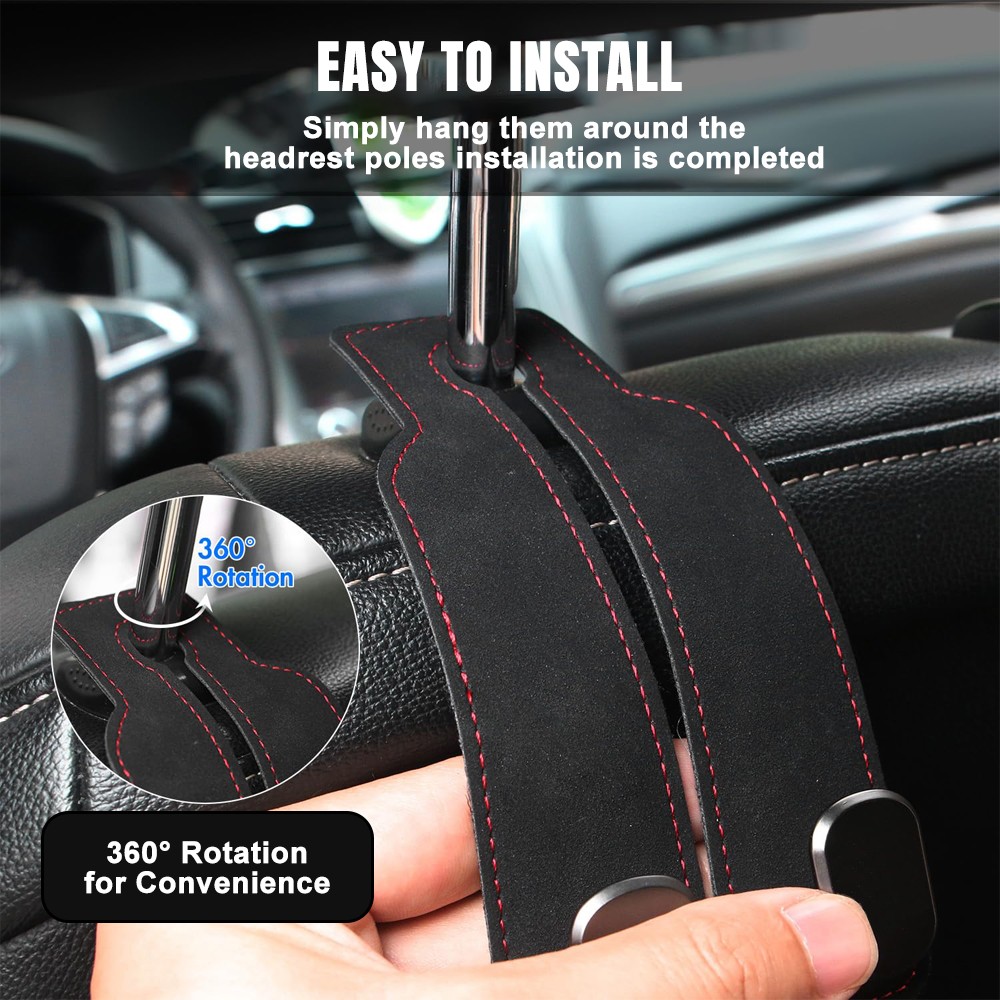 2x Car Headrest Double Hook Leather Seat Back Hanger Holder for Purses Bag Black