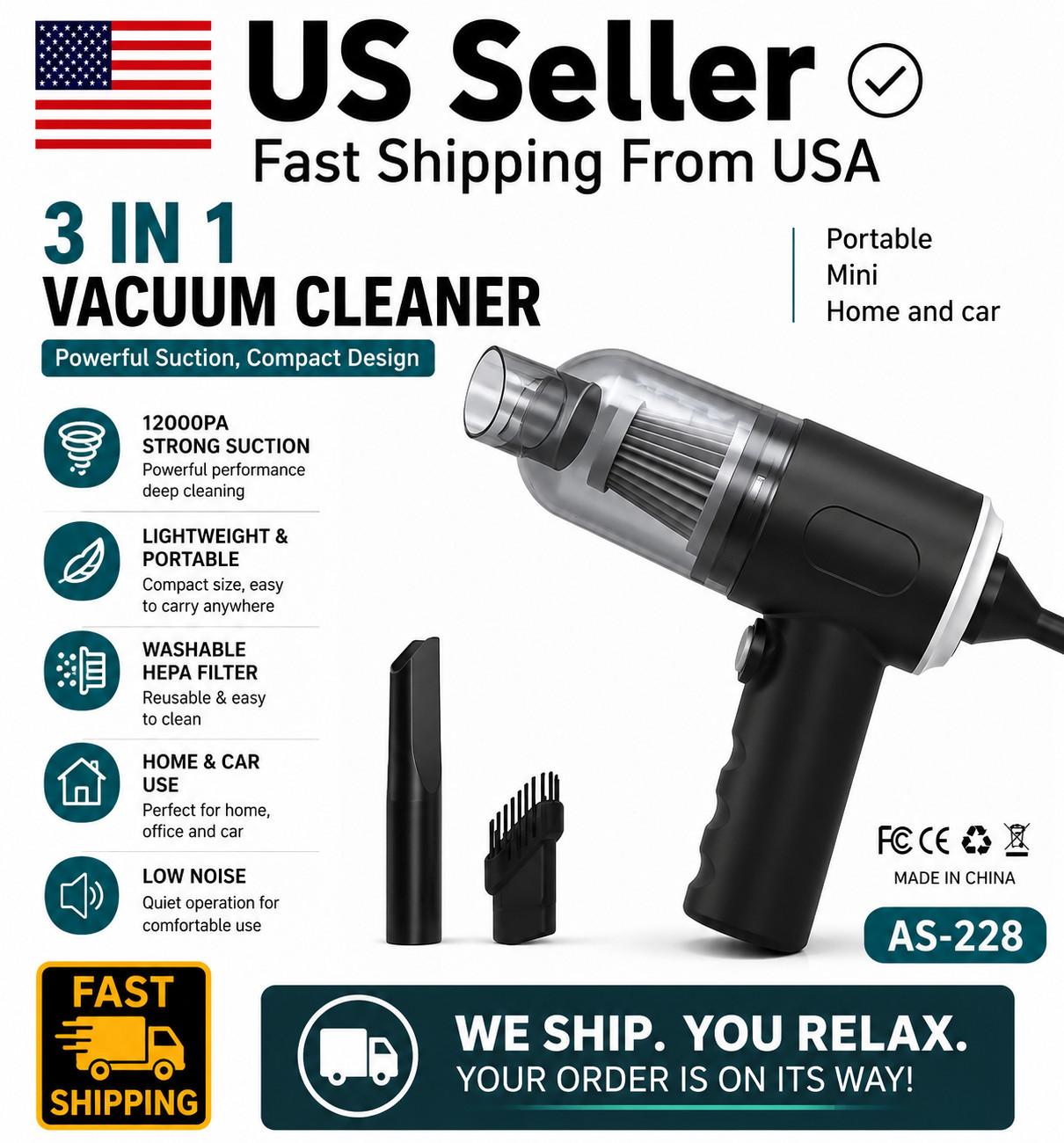 US Stock 3 in 1 Handheld Vacuum Cleaner Portable Car Home Mini Vacuum