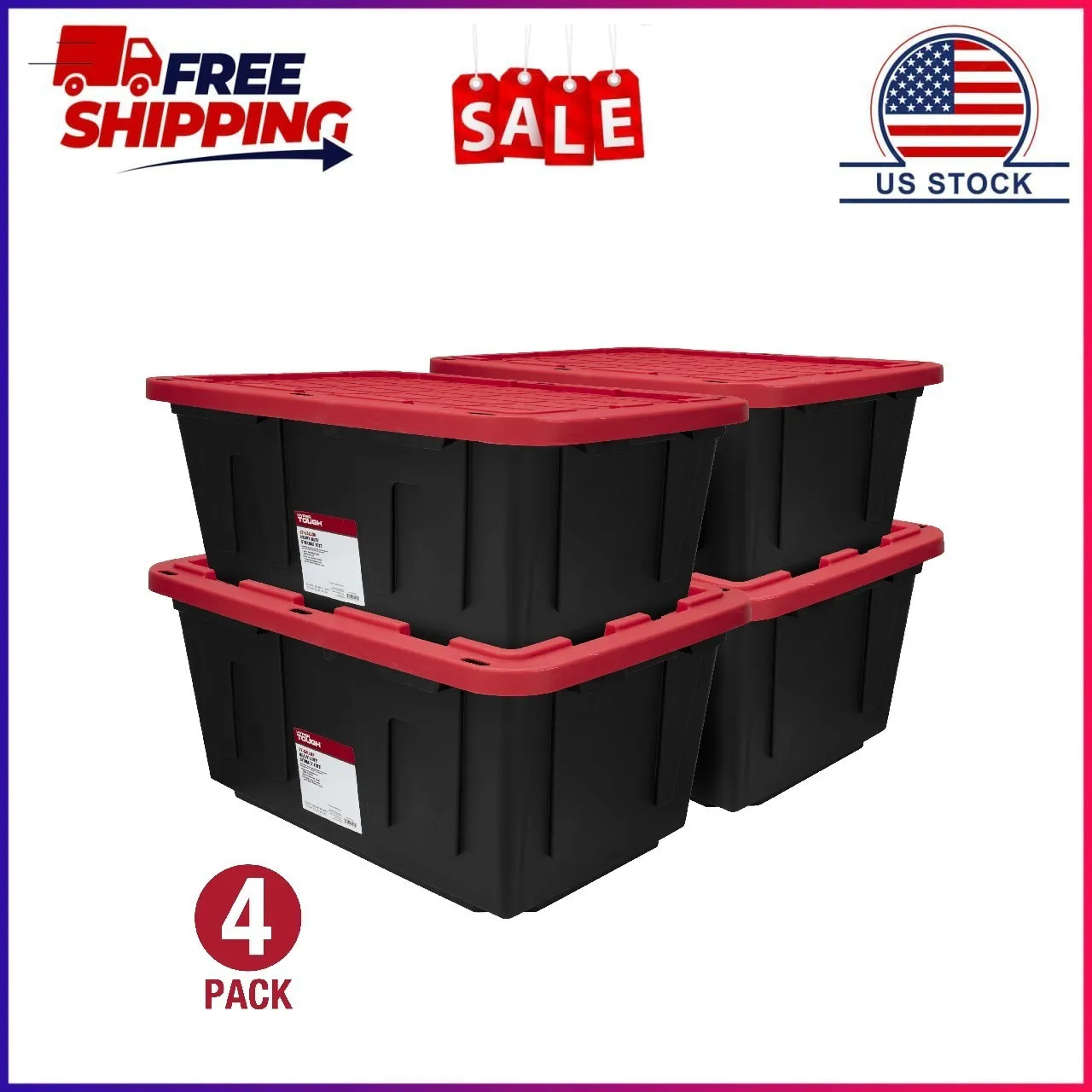 (Pack of 4) Hyper Tough 27 Gallon Large Storage Bin with Snap Lid, Black and Red