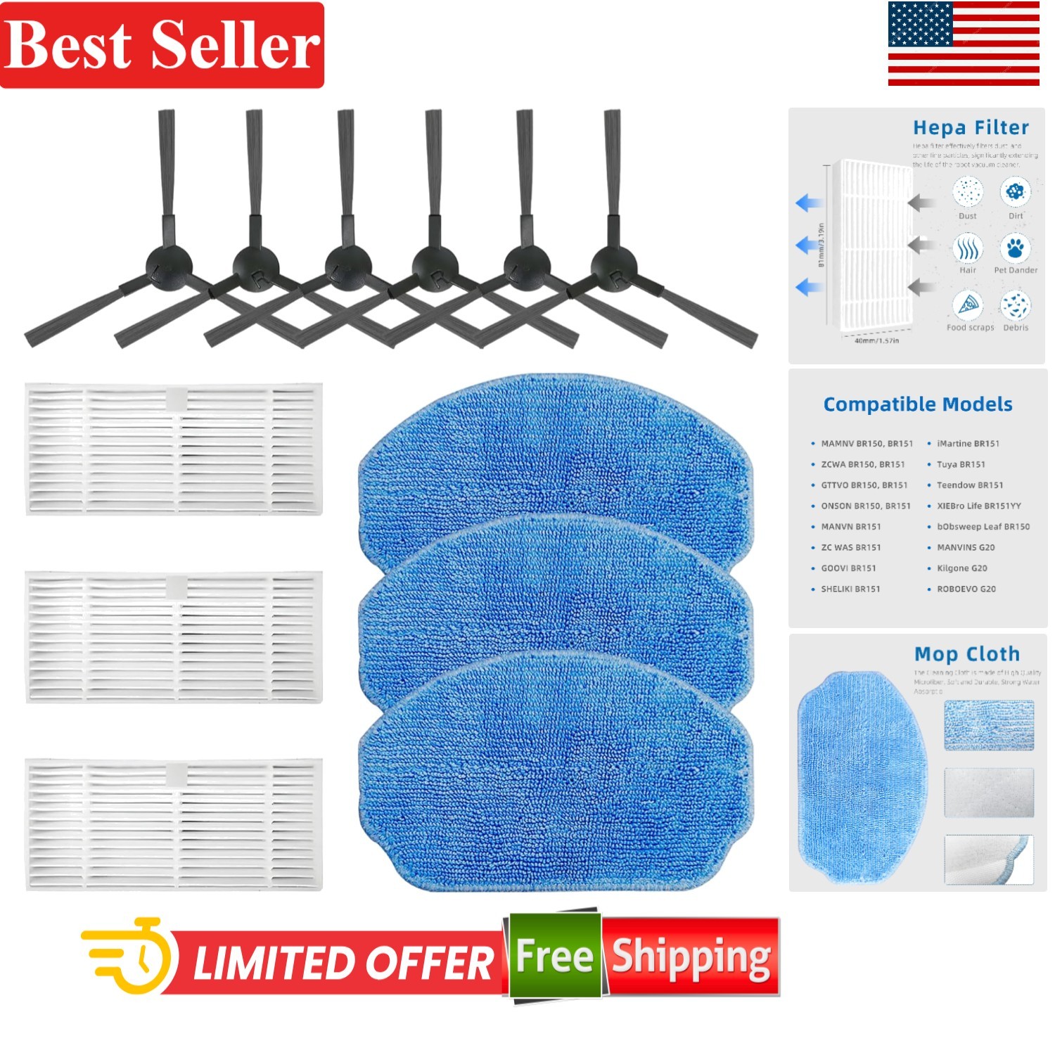 Robot Vacuum Replacement Parts Kit Compatible with BR151 G20 ZCWA Mamnv ONSON…