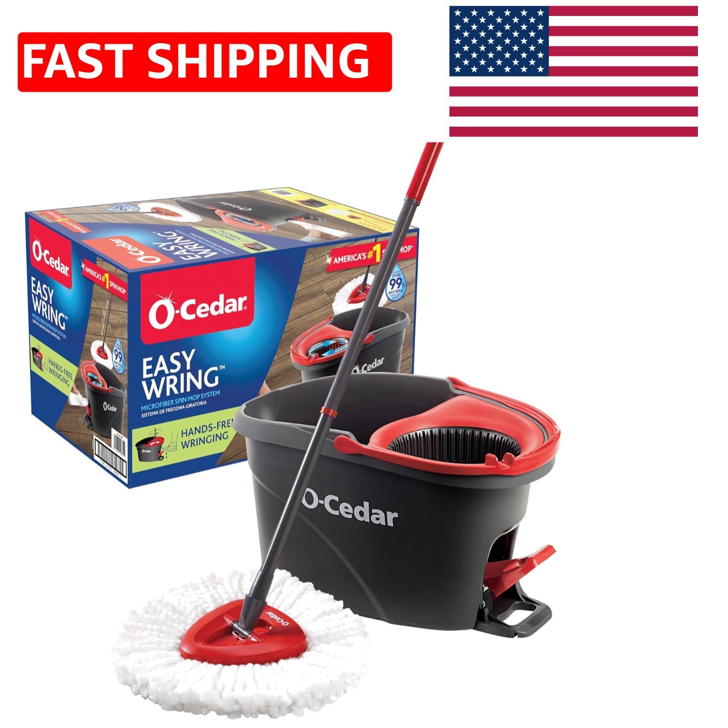 O-Cedar EasyWring Microfiber Spin Mop, Bucket Floor Cleaning System, Red, Gra…