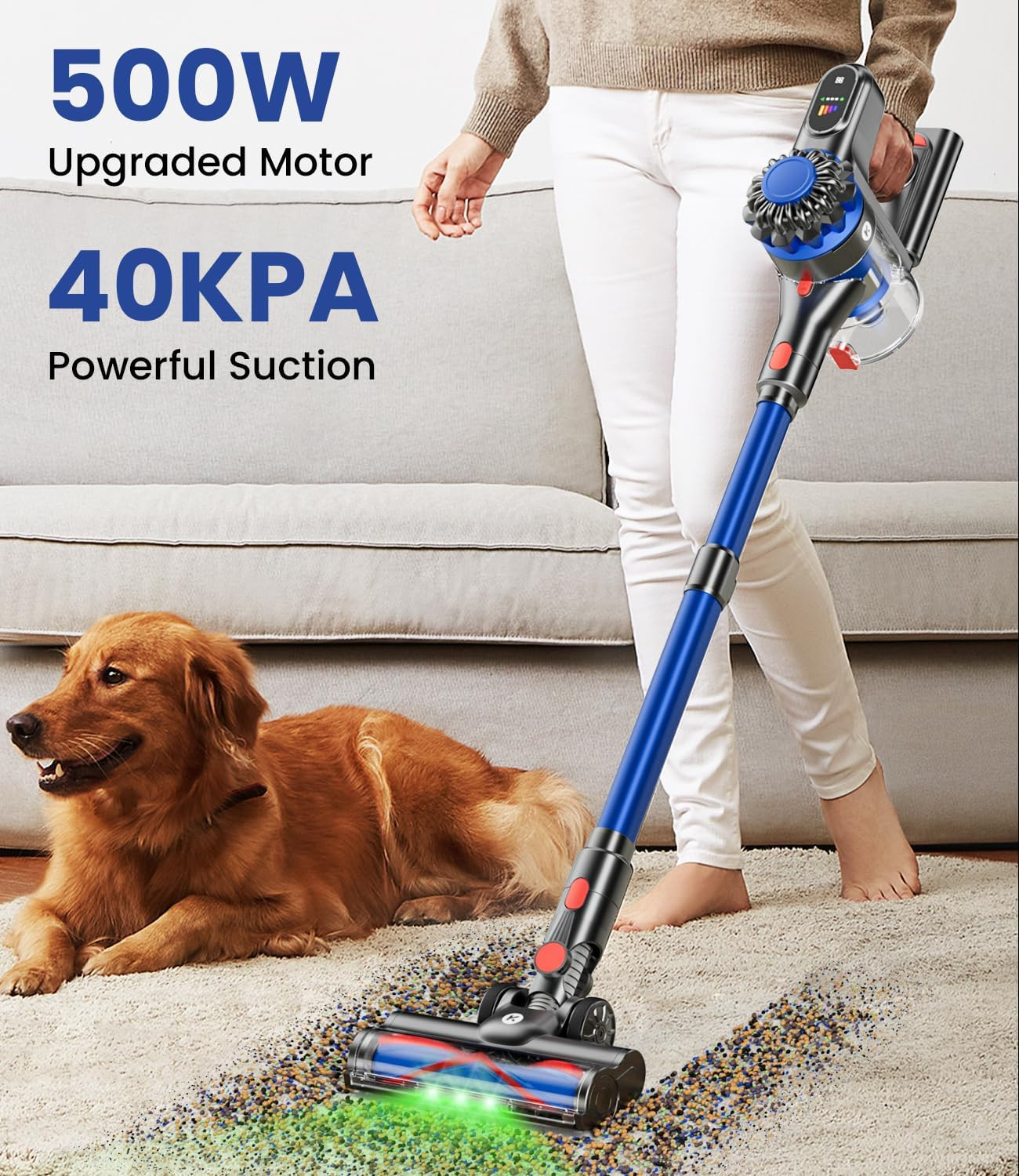 Cordless Vacuum Cleaner 500W 40Kpa Stick Vacuum 60Min Runtime LED Display Pet Ha
