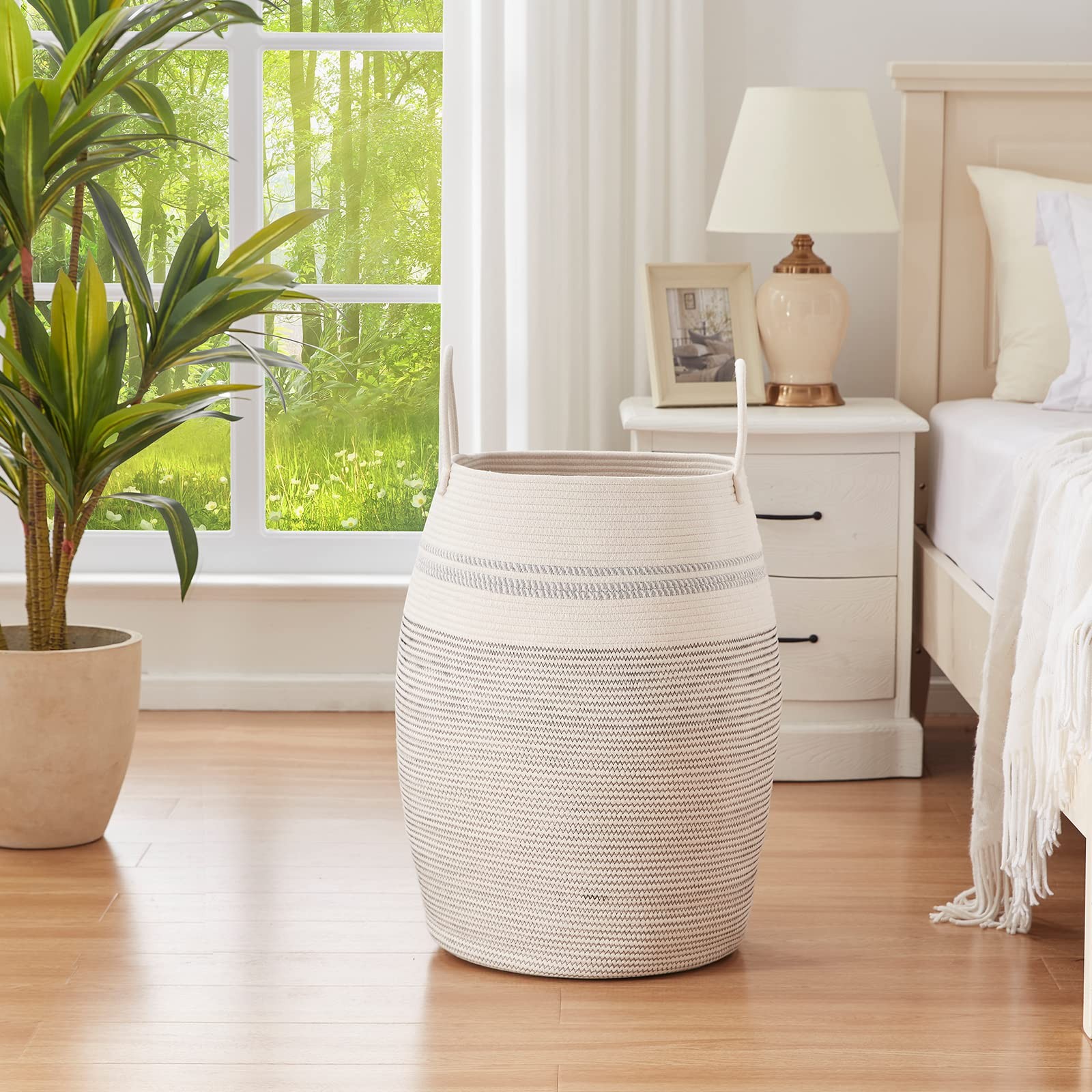 Laundry Hamper Woven Cotton Rope Large Clothes Hamper 25.6″ Height Tall Laund…