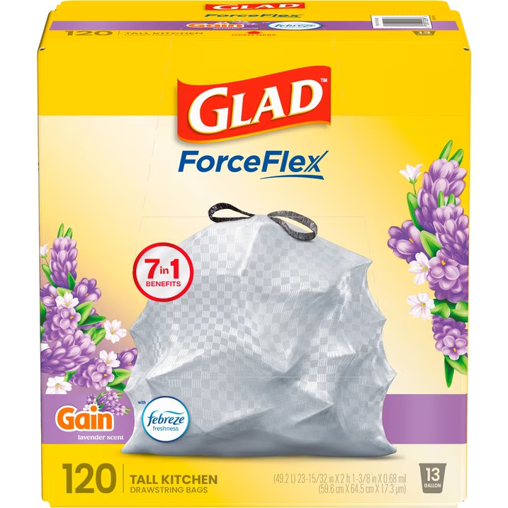 Glad ForceFlex Tall Kitchen Drawstring Trash Bags, 13 Gal, Gain Lavender, 120 Co