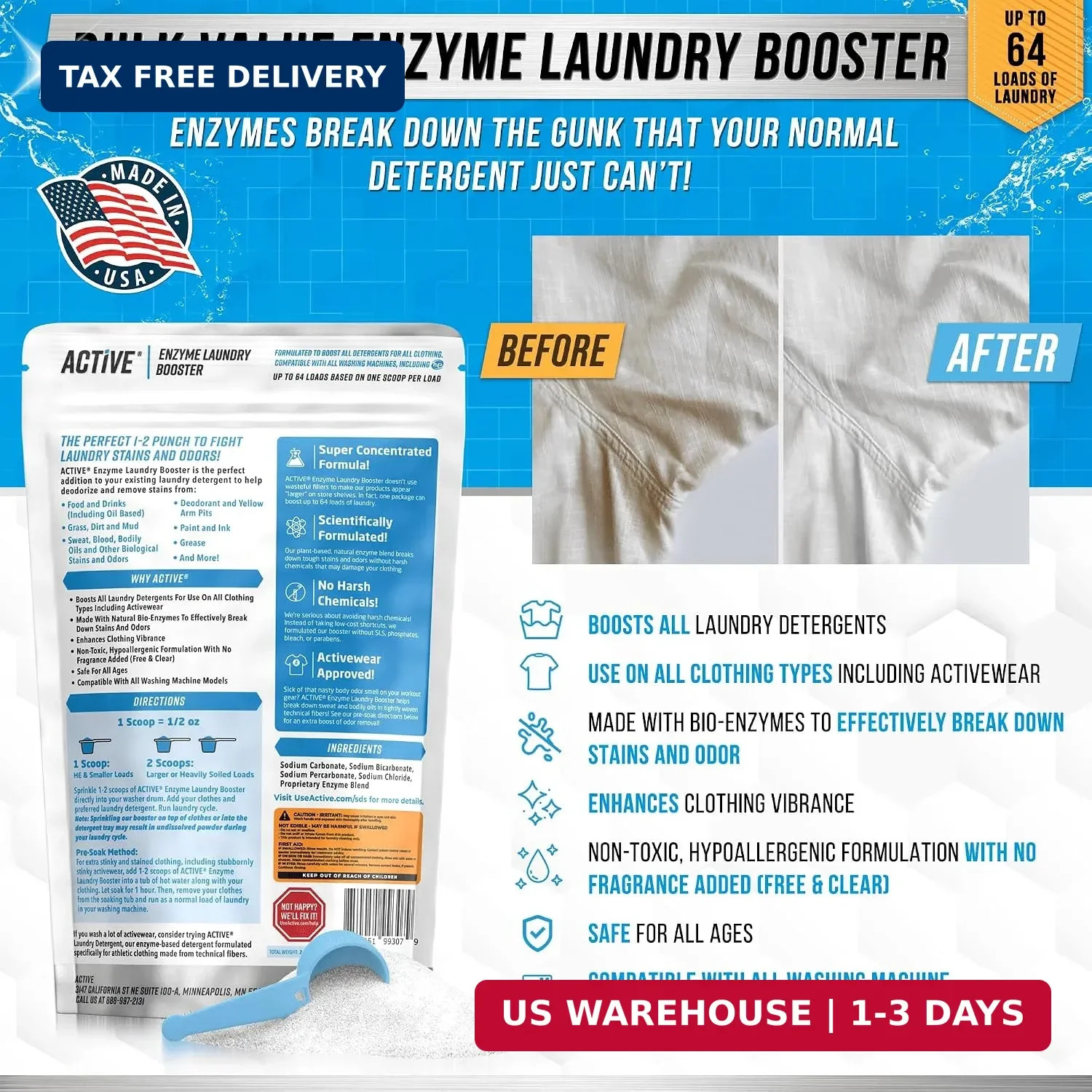 Enzyme Laundry Booster Odor Remover – 2 lbs Unscented Enzymatic Clothes Stain Cl