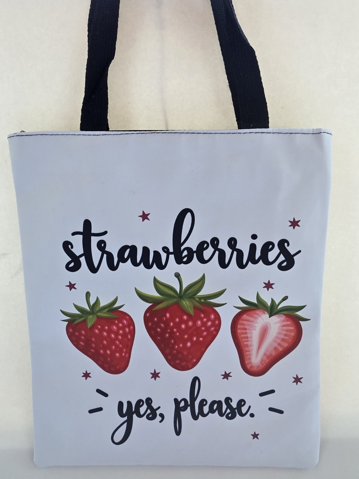 Strawberries Yes Please Large Reusable Tote Shopping Bag White/Black Handles 15L