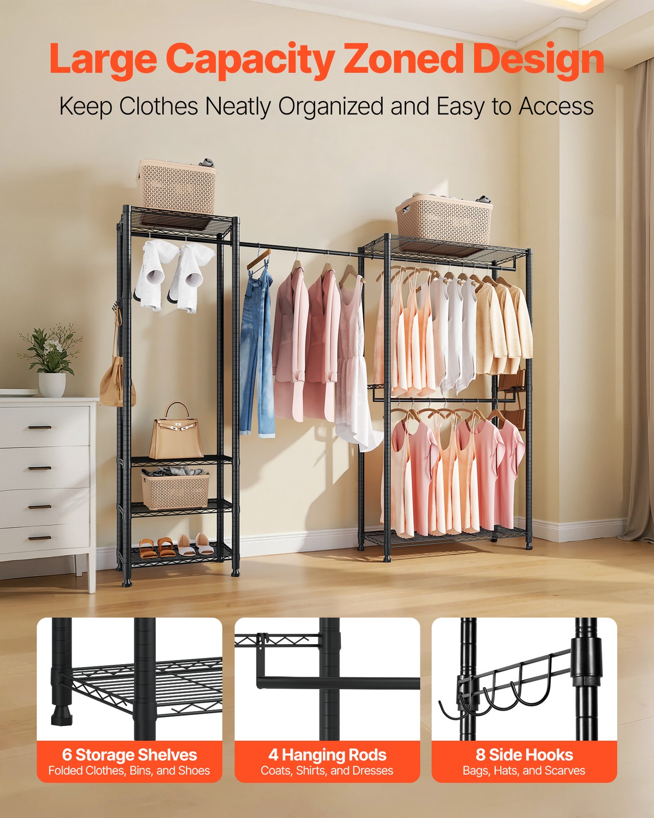 VEVOR Clothes Garment Rack Freestanding Closet Wardrobe Rack Carbon Steel Frame