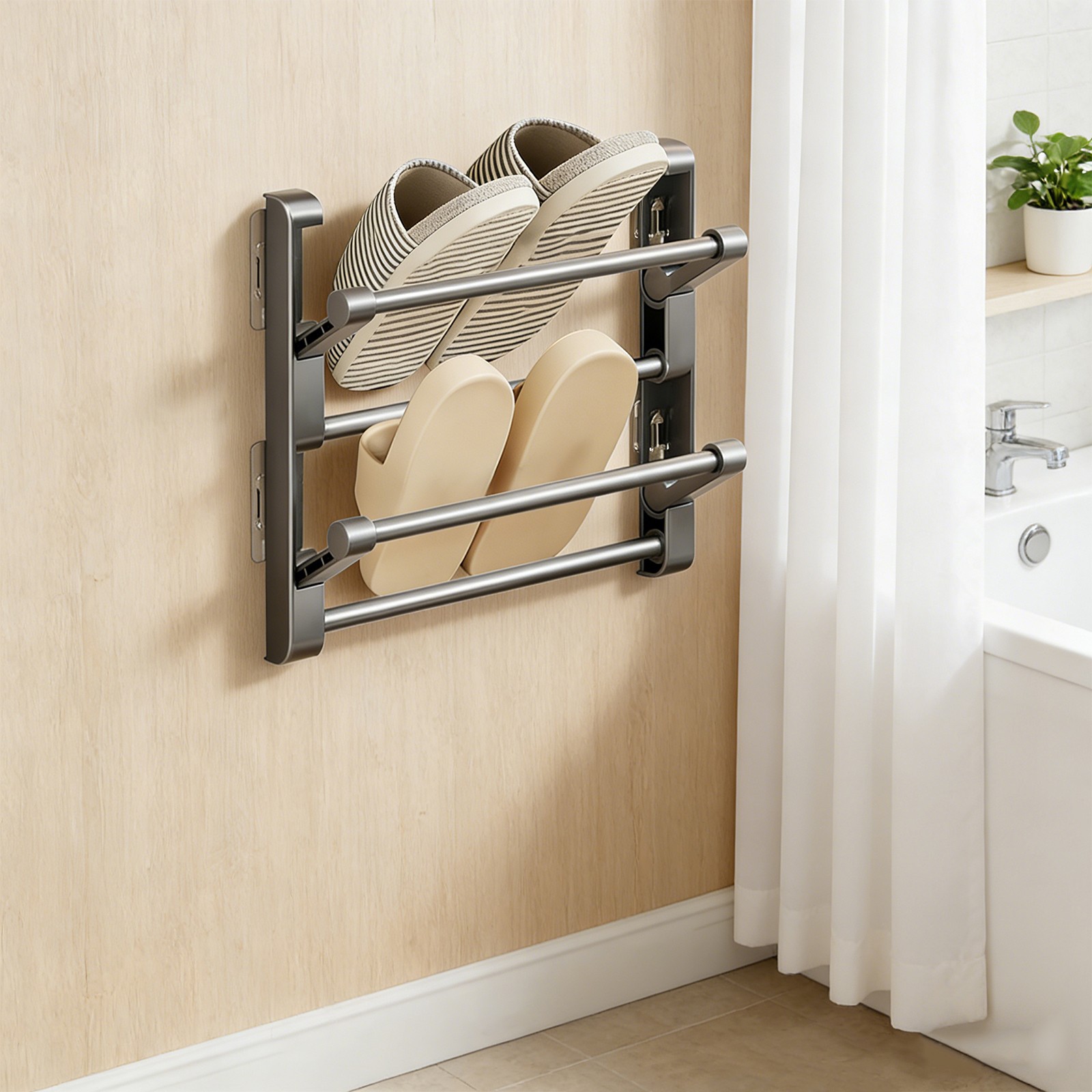 2 Tiers Bathroom Slipper Rack, Wall-mounted Foldable Shoe Rack For Behind Doors