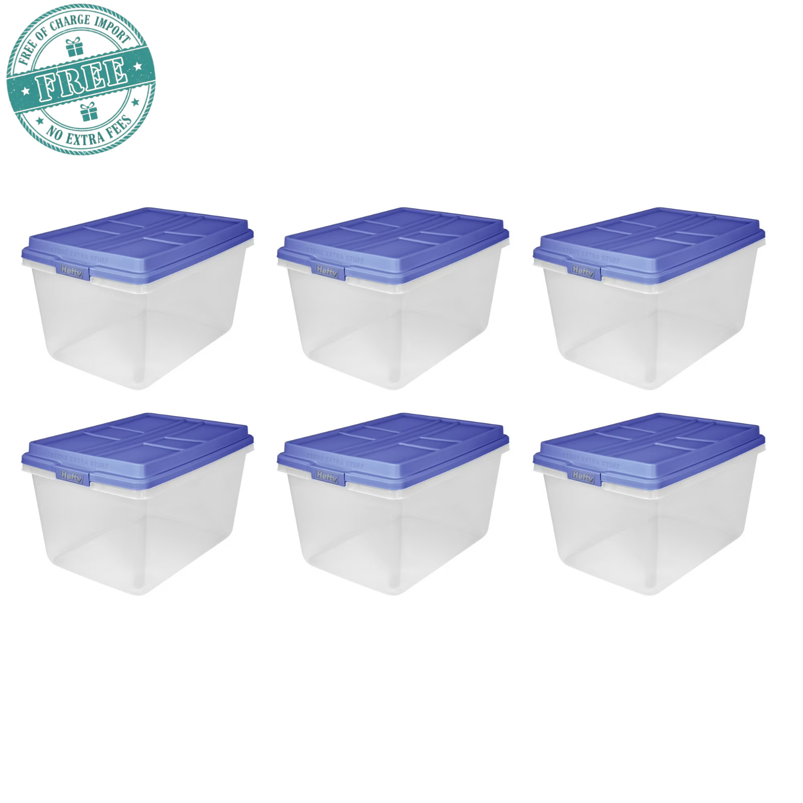 6 Pack, Hefty 72 Qt. Clear Plastic Storage Bin with Blue HI-RISE Lid, Stackable