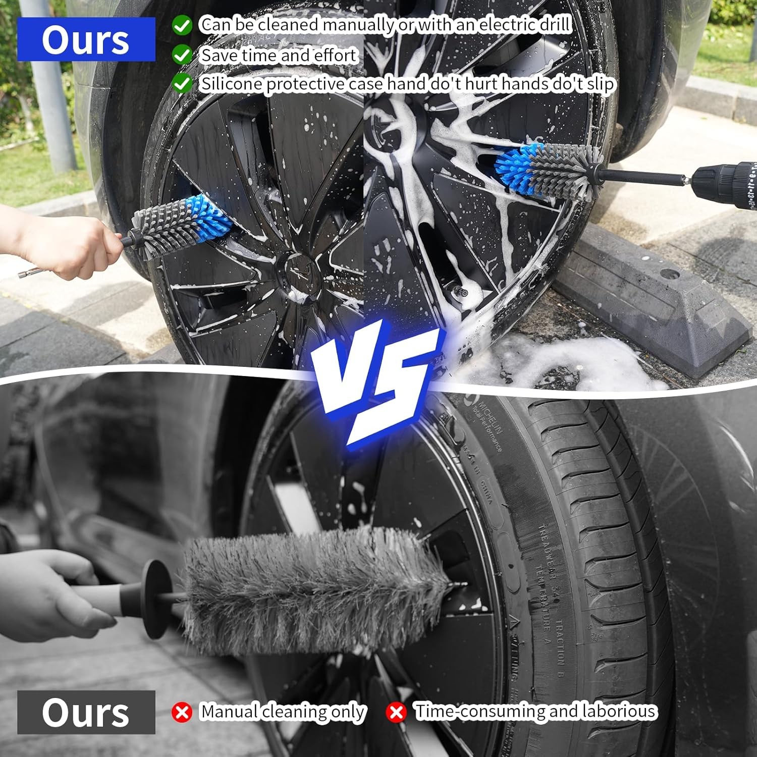 Soft Drill Wheel Cleaner Brush, Drill Brush for Car Wheel, No Color: Blue+grey